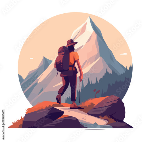 Man hiker with backpack, mountain peak adventure