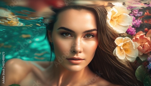 naked woman in a jacuzzi with tropical flowers. unwanted hair removal epilation and shugaring concept. beautiful girl taking aromatic bath in eco hotel in bali resort spa.massage relax. Generative AI photo