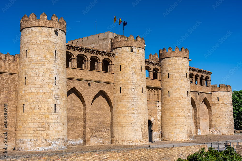 Main portal of the medieval castle seat of the government of Aragon in Zaragoza, Spain.