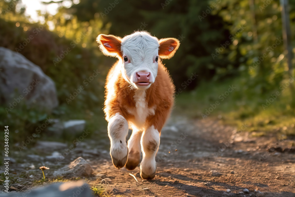 portrait of a brown and white calf at sunset