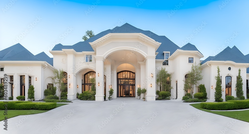 Illustration of a spacious modern mansion with a long driveway and ...