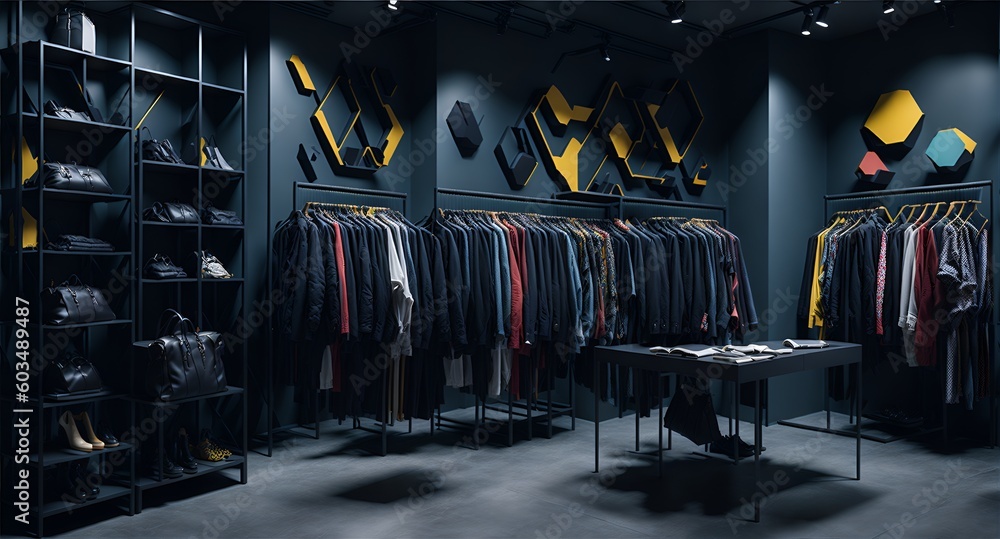 Illustration of a modern clothing store with sleek black walls and shelves created with Generative AI technology - obrazy, fototapety, plakaty 