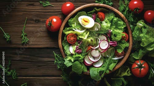 Top view of spring salad. Illustration AI Generative