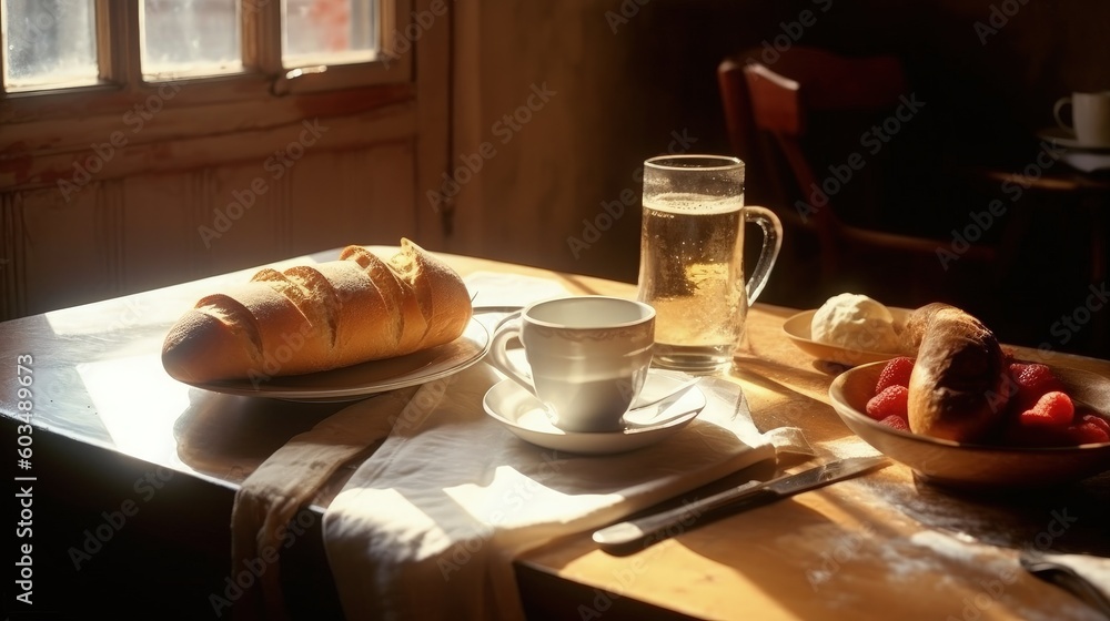 Breakfast with baguette bread food Illustration AI Generative. Breakfast with baguette bread food Illustration AI Generative.