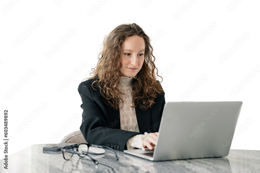 Typing text working using a laptop computer pc in the office A woman in a jacket and shirt student manager in the office happy, transparent background, png. Typing text working using a laptop computer pc in the office A woman in a jacket and shirt student manager in the office happy, transparent background, png.