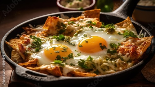 Mexican chilaquiles with fried egg, chicken and spicy green sauce Illustratio...