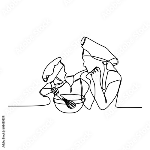 continuous line drawing of happy young mother and child preparing a homemade dish