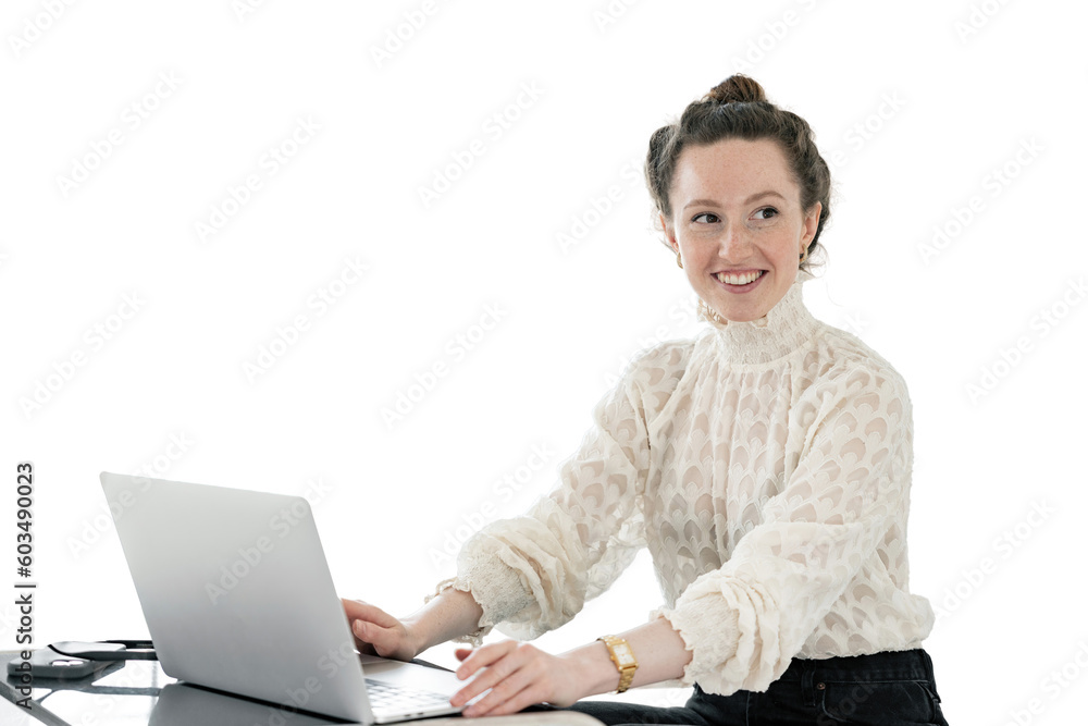 Typing text working using a laptop computer pc in the office A woman in a jacket and shirt student manager in the office happy, transparent background, png. Typing text working using a laptop computer pc in the office A woman in a jacket and shirt student manager in the office happy, transparent background, png.