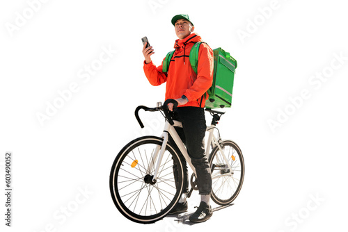 Uses an application, a courier in a cap, a cyclist in a uniform, food delivery in a thermos bag to a client, ecotransport. Transparent background, png. photo