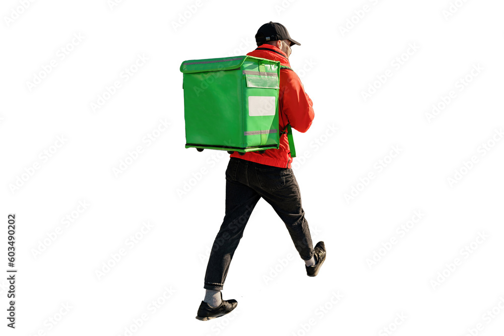 A male courier is delivering food to order, eco-transport, a thermos bag. Transparent background, png. A male courier is delivering food to order, eco-transport, a thermos bag. Transparent background, png.