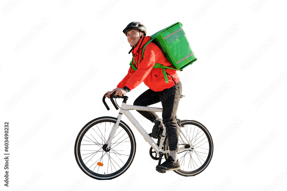 © muse studio - Courier by bike food delivery to order, eco-transport, thermo bag. Transparent background, png.