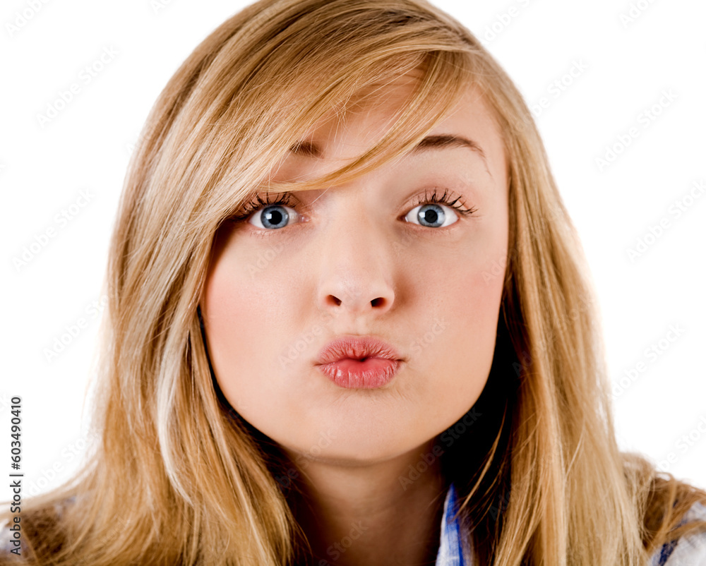 young girl give kiss to the camera on isolated background young girl give kiss to the camera on isolated background