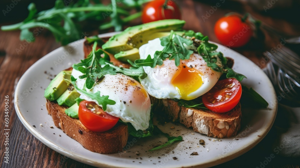 Avocado toast with roasted tomatoes and eggs Illustration AI Generative. Avocado toast with roasted tomatoes and eggs Illustration AI Generative.