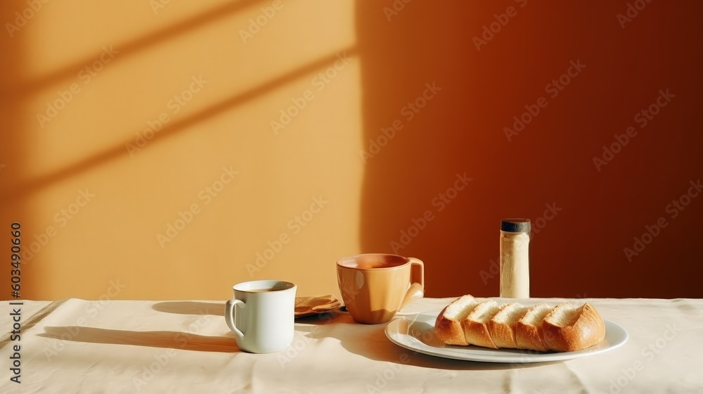 Breakfast with baguette bread food Illustration AI Generative.