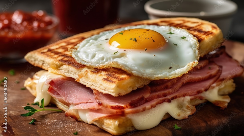Classic Ham and Egg Breakfast Sandwich with Cheese on a Toasted English Muffin Illustration AI Generative