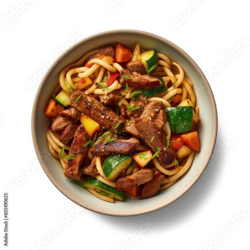 Noodles with meat and vegetables isolated Illustration AI Generative.