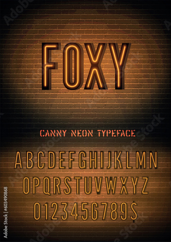 Narrow orange neon font with numbers on dark brick wall background. Vector foxy night light box sign