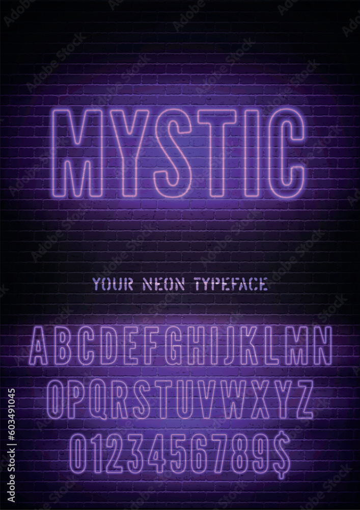 Vector Mystic night light sign and narrow purple neon hollow font with numbers on dark brick wall background Vector Mystic night light sign and narrow purple neon hollow font with numbers on dark brick wall background