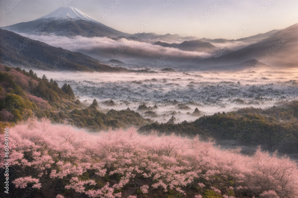 Fototapeta premium Sakura blossoms in japanese style ornamental garden, beautiful landscape. Generative AI.