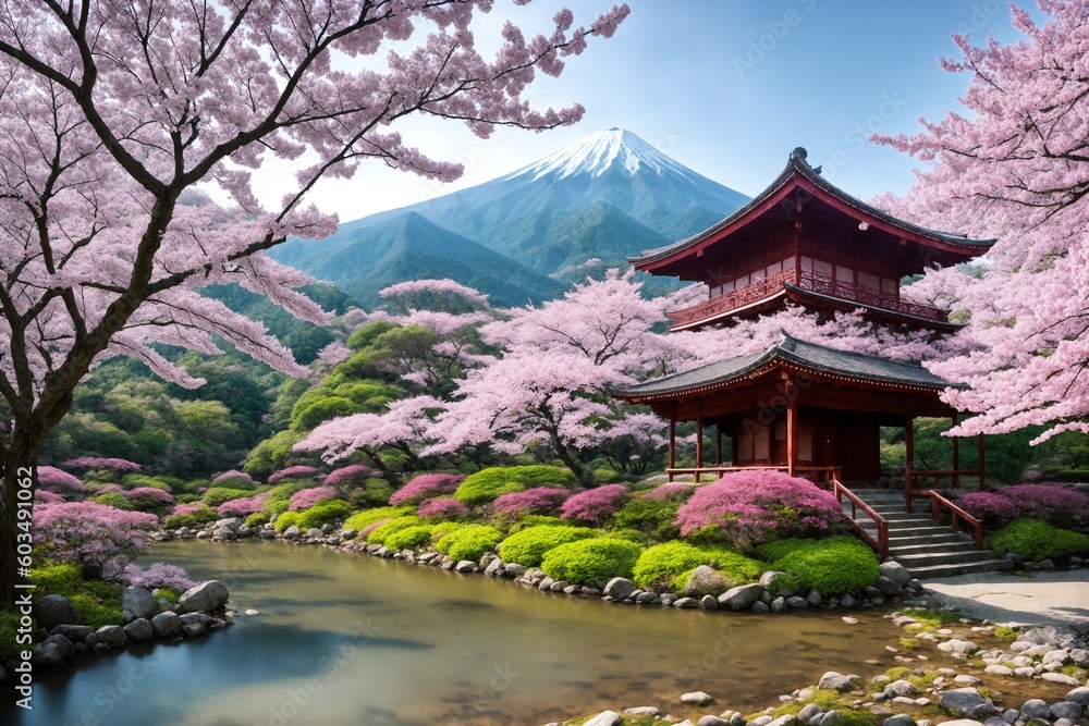 Fototapeta premium Sakura blossoms in japanese style ornamental garden, beautiful landscape. Generative AI.