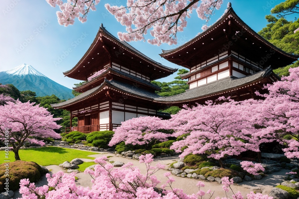 Sakura blossoms in japanese style ornamental garden, beautiful landscape. Generative AI. Sakura blossoms in japanese style ornamental garden, beautiful landscape. Generative AI.
