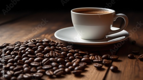 Coffee beans and a cup of black coffee on a wooden table Illustration AI Gene...