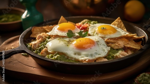 Mexican chilaquiles with fried egg, chicken and spicy green sauce Illustratio...