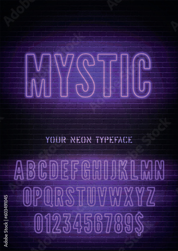 Vector Mystic night light sign and narrow purple neon hollow font with numbers on dark brick wall background