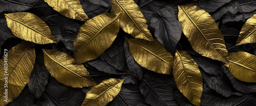 Gold and black  leaves on black background. Luxury Creative nature background. abstract plant pattern.