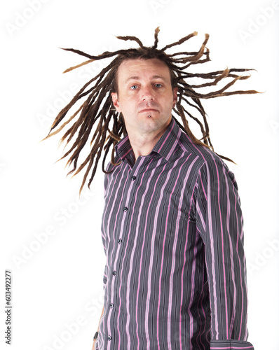 Adult caucasian man with dreadlocks and casual wear on a white background in various poses and facial expressions. Not Isolated