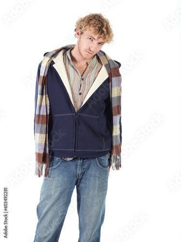 Portrait of handsome Caucasian man wearing casual winter clothes on white background. NOT ISOLATED