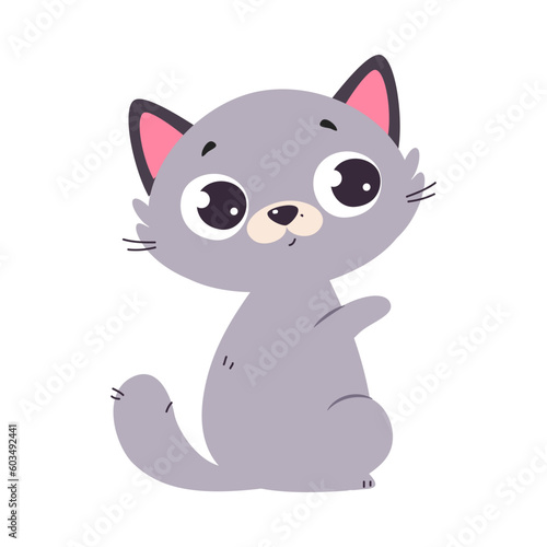 Funny Gray Cat with Paws and Tail Sitting Vector Illustration