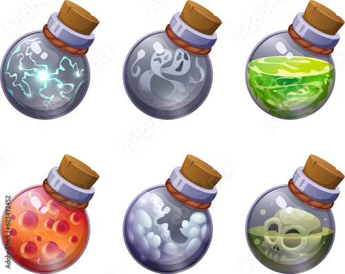 Magic venom. Transparent glass fairytale alchemy elixir bottles exact vector cartoon mystery game assets in cartoon style