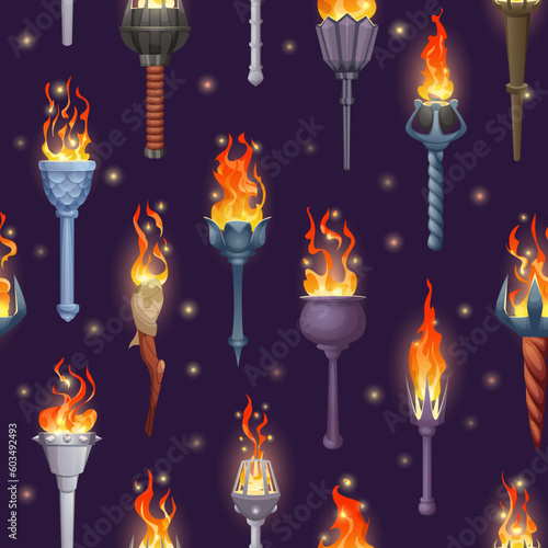 Torch light pattern. Ancient glowing illumination burning flame torches exact vector seamless background