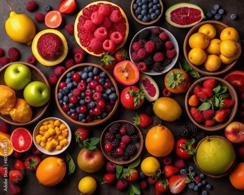 Top view of aesthetically arranged fruit of different varieties.  Generative AI 