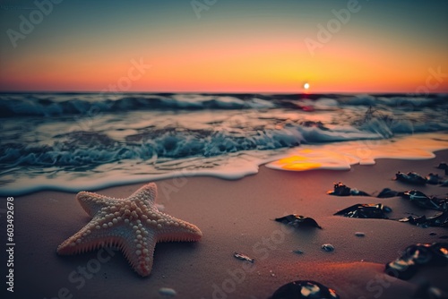 beautiful sunset at the beach with a lone starfish in the foreground. Generative AI