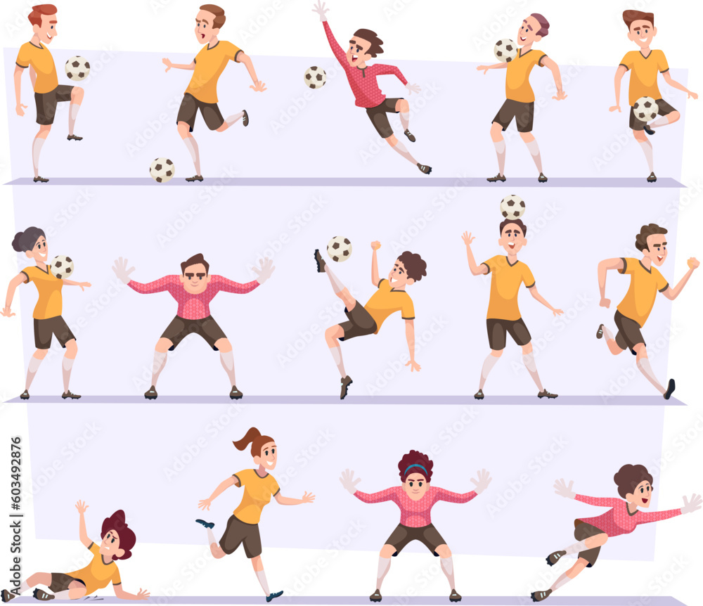 Fototapeta premium Soccer players. Football male and female characters in action poses with ball exact vector illustrations