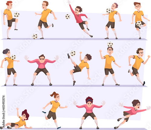 Soccer players. Football male and female characters in action poses with ball exact vector illustrations © ONYXprj