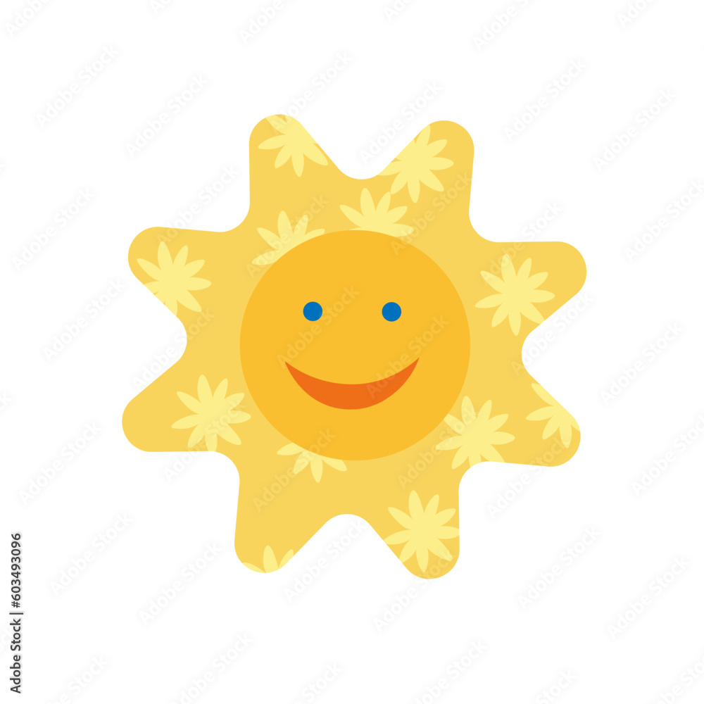 Sun.Cute cartoon joyful character. Drawn by hand. For postcard, poster, Easter, Birthday, Baby shower, invitation, greeting, holiday decoration. Design element.  Art illustration