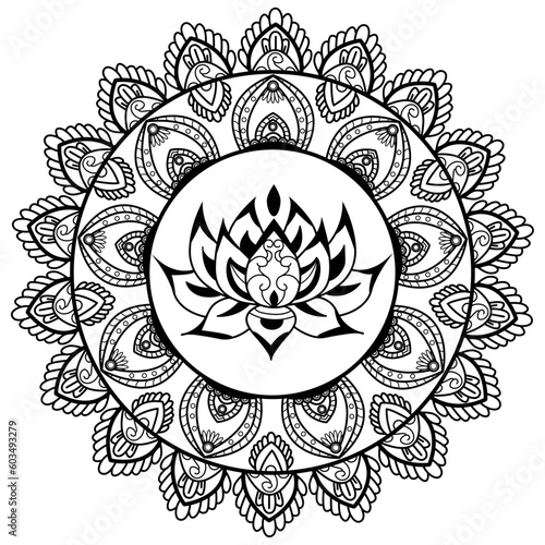 Vector illustration of a decorative mandala with lotus flower for coloring antistress adult book, mandala vettoriale con fiore di loto da colorare per libro adulti antistress