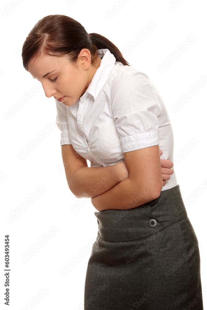 Woman with stomach issues isolated on white background Woman with stomach issues isolated on white background