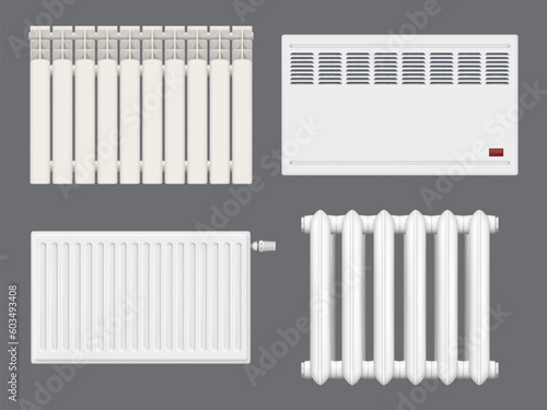 Interior heaters. Different indoor heaters systems decent vector realistic domestic electric tools