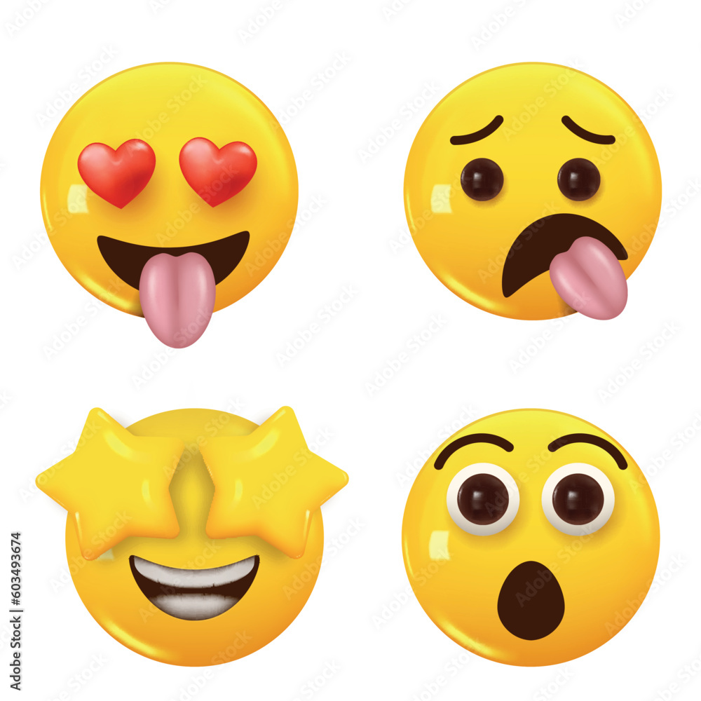 Fototapeta premium Set of 3d icon yellow color smile emoji. Set Icon Smile Emoji. Vector
