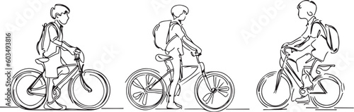 Small Boy with Cycle and bag line art vector 