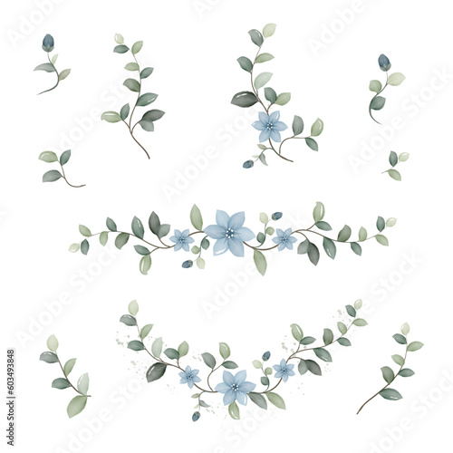 Set of watercolor branches with blue flowers and green leaves, vector illustration