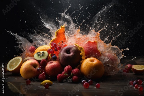 Fruit splash on black background, ai generative  © ChaoticMind