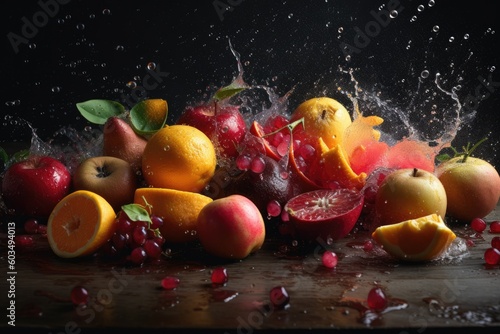Fruit splash on black background  ai generative 