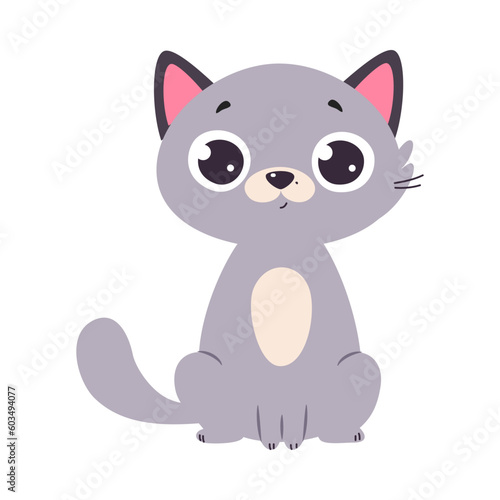 Funny Gray Cat with Paws and Tail Sitting Vector Illustration