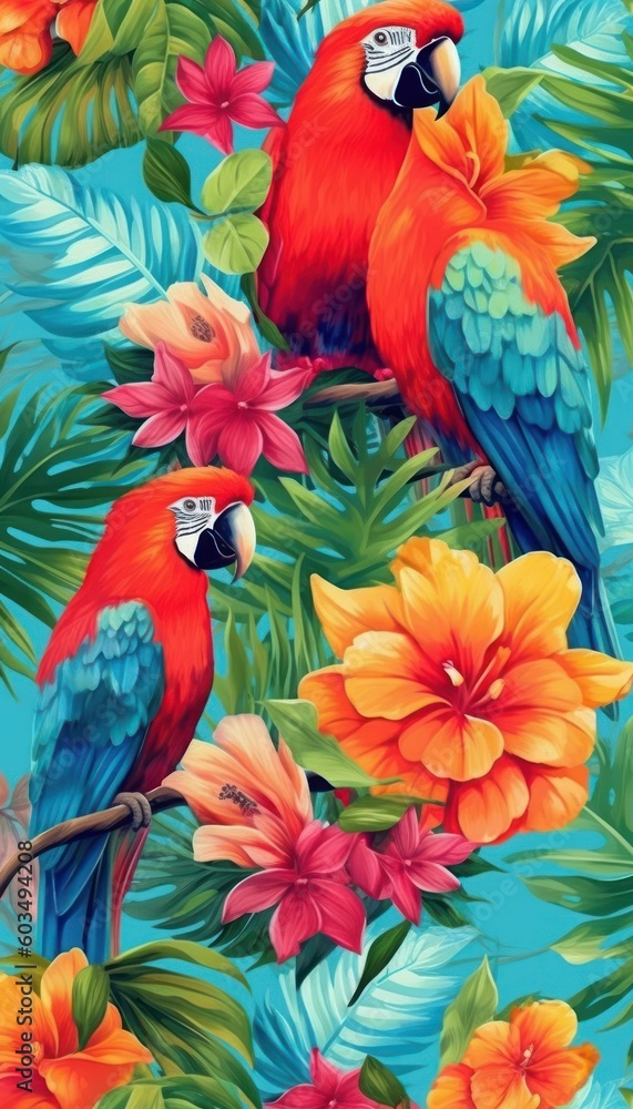 Fototapeta premium Exotic flowers, and colorful birds against a backdrop of a picturesque beach or sunset. parrot tropical backdrop and parrot themed greeting card. Generative AI