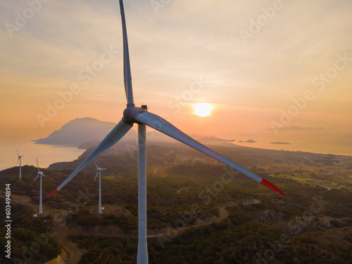 Wind Turbine Close Sunset Aerial Shot, Sustainable Alternative Energy